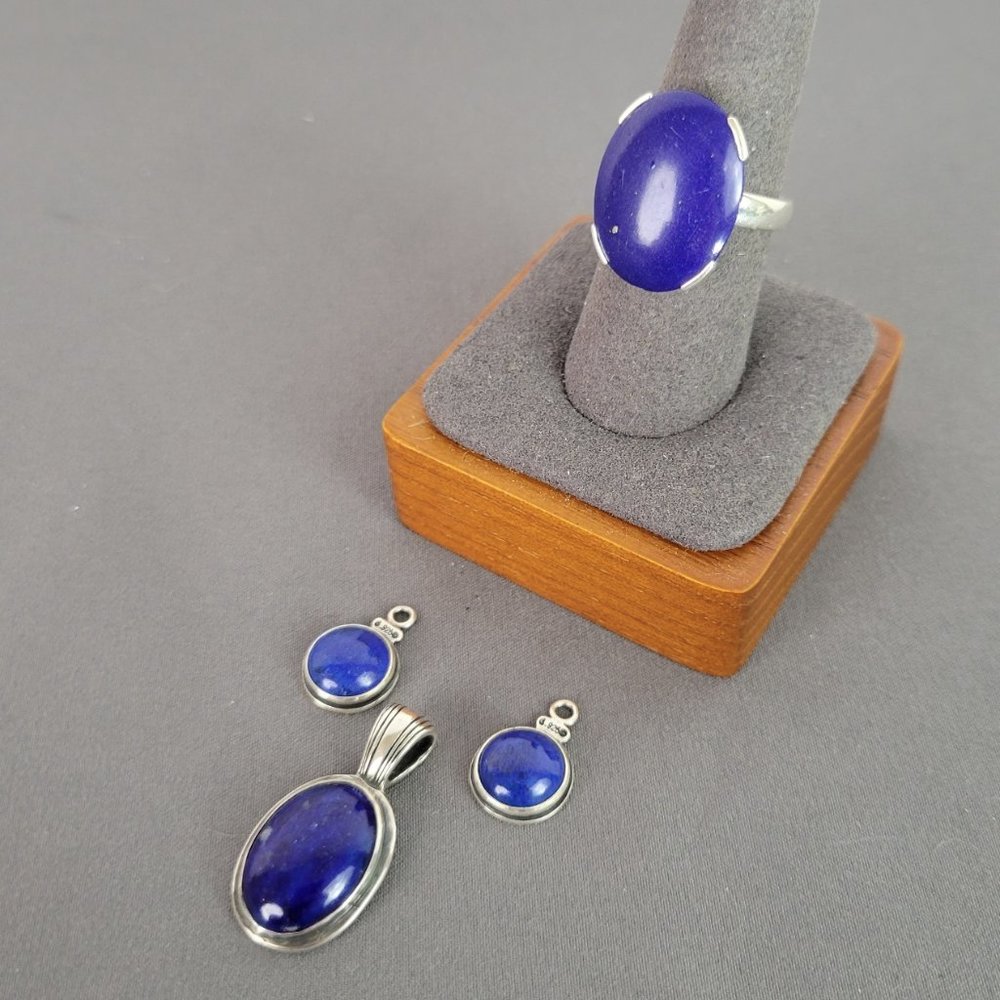 Sterling Silver & Lapis Lazuli Pendant, Ring (Sz 7.5), & Earring Charms